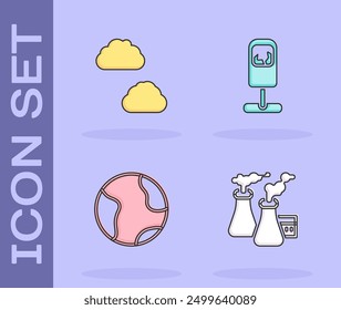 Set Smoke from factory, Cloud, Earth globe and Trash can icon. Vector