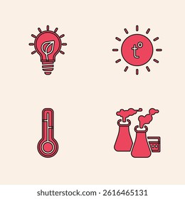 Set Smoke from factory, Light bulb with leaf, Sun and Meteorology thermometer icon. Vector