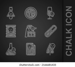 Set Smoke from factory, Radiation warning document, Poison flower, Thermometer, Beaker with toxic liquid, Radioactive waste barrel, Poisoned alcohol and Bottle potion icon. Vector