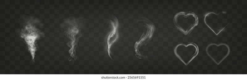 Set of smoke and fog elements with a soft heart shape and flowing patterns, ideal for romantic, abstract, and atmospheric designs.