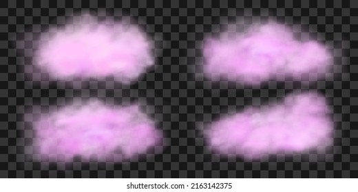 Set of smoke, fog or gas clouds. Pink cloudiness. Realistic 3d vector illustration isolated on transparent background.