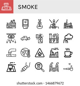 Set of smoke icons such as Coffee cup, Factory, Detector, Scent, Pollution, Sprinkler, Emission, Lighter, Global warming, Fire sign, Cup, Nuclear plant, Pipe of peace , smoke