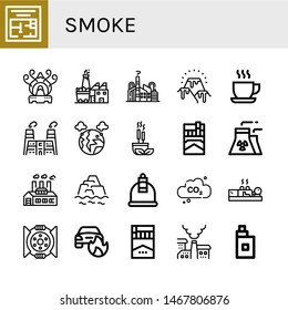 Set of smoke icons such as Evacuation plan, Incense burner, Coal factory, Factory, Lava, Cup, Pollution, Incense, Cigarette, Nuclear plant, Warming, Cupping, Carbon dioxide , smoke