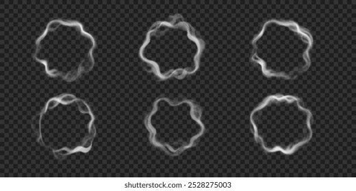 Set of smoke rings, swirl steam and fog. Vector illustration. Realistic steam from hookah, cigarette or vape on transparent background