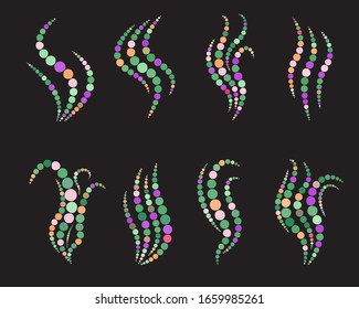 Set of smoke steam icons made of round dots. Aroma smell signs. Vector illustration.