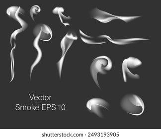 Set Smoke. Vector isolated realistic incense or cigarette smoke waves on black background. Decoration element for hot food, fire and frankincense