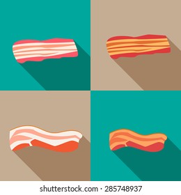 Set of smoked bacon and fresh bacon in flat icon style