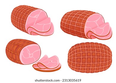 set of Smoked ham isolated, delicious sliced ham illustration