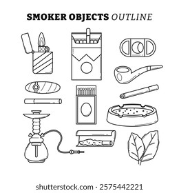 Set of smoker objects outline collection with line art style, Cigarettes. Lighter, Cigarette, Box, Pack, E-Cigarette, Smoking, Pipe, Cigar, Matchbox, Burning, Ashtray, hookah, Cigarette Roll, Tobacco