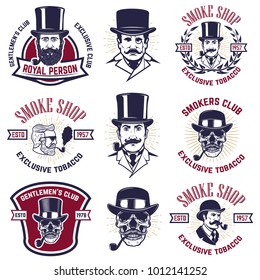 Set of smokers club emblems. Vintage gentlemans portraits with smoking pipes. Design element for logo, label, emblem, sign, poster, banner. Vector illustration