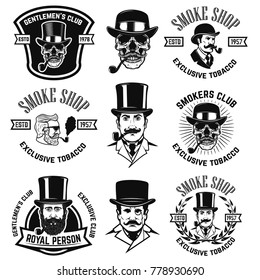 Set of smokers club emblems. Vintage gentlemans portraits with smoking pipes. Design element for logo, label, emblem, sign, poster, banner. Vector illustration