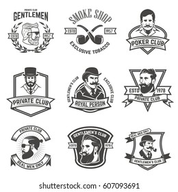 Set of  smokers club, gentlemen club labels. Design elements for logo, emblem, sign, brand mark. Vector illustration.