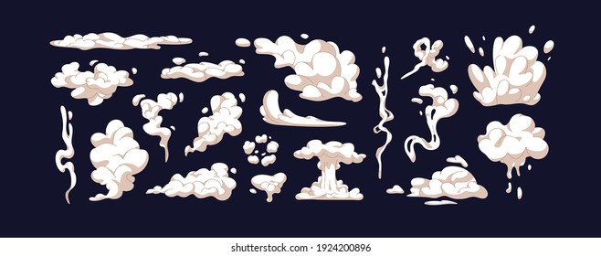 Set Of Smokes And Steam Cloud Puffs Of Different Shapes. Collection Of Isolated Icons Of Air Trail, Dust, Explosion, Smog, Bang, Boom, Sprite And Bubble. Colored Flat Cartoon Vector Illustration