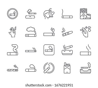 Set of smoking area Related Vector Line Icons. Includes such Icons as cigarette, tobacco, ashtray, smoke, nicotine and more. - vector