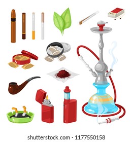 Set of smoking and bad habits. Hookah and vape with smoke and steam. Cigars, cigarettes, cigarillos and rolls in paper. Snuff and chewing tobacco powder, nicotine, tobacco leaves. Vector illustration.