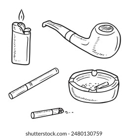 Set of smoking equipment - pipe, cigarette, lighter, ashtray and cigarette butt in black isolated on white background. Hand drawn vector sketch illustration in doodle vintage engraved line art style