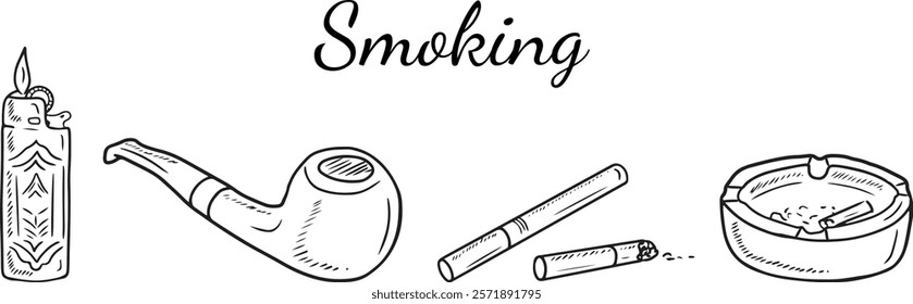 Set of smoking equipment - pipe, cigarette, lighter, ashtray and cigarette butt. Black ink drawing on white background. Hand drawn vector sketch illustration in doodle vintage engraved line art style