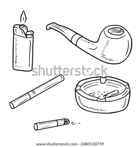 Set of smoking equipment - pipe, cigarette, lighter, ashtray and cigarette butt in black isolated on white background. Hand drawn vector sketch illustration in doodle vintage engraved line art style