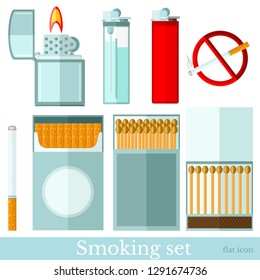 Set of smoking equipments flat icons on white. Cigarette, matches, pack of cigarette, lighter and cigarette lighter
