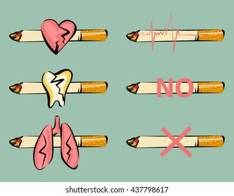 Set of smoking harm signs. Damaged heart, tooth and lungs. Cigarette and pulse icon. Retro cartoon style. Vector illustrations.
