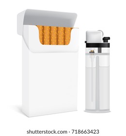 Set for smoking including full open cardboard pack of cigarettes and transparent gas lighter isolated vector illustration