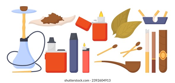 Está listo para fumar. Coincidencias y encendedores, narguile. Tabaco y nicotina. Fumar y malos hábitos, estilo de vida poco saludable. El cigarro y el cigarrillo. Colección vectorial plana de dibujos animados aislada en fondo blanco