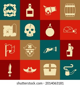 Set Smoking pipe, Alcohol drink Rum, Pirate bandana for head, Cannon, Skull, treasure map, Ship porthole with seascape and Bomb ready to explode icon. Vector