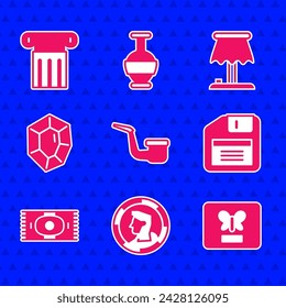 Set Smoking pipe, Ancient coin, Butterfly a frame, Floppy disk, Classic carpet, Gem stone, Table lamp and column icon. Vector