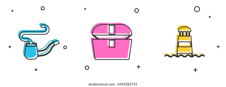 Set Smoking pipe, Antique treasure chest and Lighthouse icon. Vector