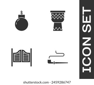 Set Smoking pipe, Bomb ready to explode, Saloon door and Drum icon. Vector