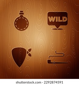 Set Smoking pipe, Canteen water bottle, Cowboy bandana and Pointer to wild west on wooden background. Vector