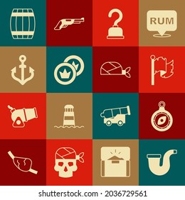 Fijar tubería de fumadores, brújula, bandera pirata, gancho, moneda, ancla, barril de madera y bandana para el icono de la cabeza. Vector