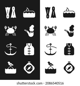 Set Smoking pipe, Crab, Flippers for swimming, Submarine, Anchor, Life jacket, Compass and Seagull sits on buoy icon. Vector
