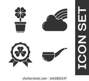 Set Smoking pipe, Four leaf clover in pot, Medal with four leaf clover and Rainbow with cloud icon. Vector