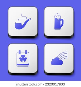 Set Smoking pipe, Glass of beer, Saint Patricks day with calendar and Rainbow cloud icon. White square button. Vector