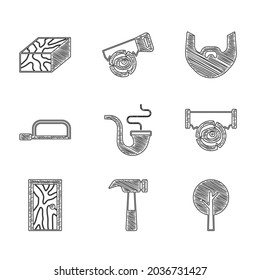 Set Smoking pipe, Hammer, Tree, Two-handed saw and log, Closed door, Hacksaw, Mustache beard and Wooden beam icon. Vector