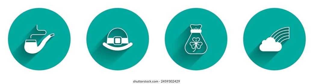 Set Smoking pipe, Leprechaun hat, Money bag with clover and Rainbow cloud icon with long shadow. Vector