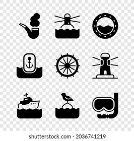 Set Smoking pipe, Lighthouse, Ship porthole, Cruise ship, Seagull sits on a buoy, Diving mask and snorkel, Location with anchor and steering wheel icon. Vector