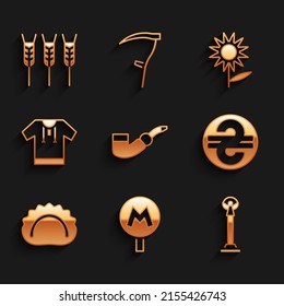 Rauchpfeife, U-Bahn oder U-Bahn, Unabhängigkeitsdenkmal, Ukrainische Hrywnja, Dumplings, besticktes Hemd, Sonnenblumensymbol und Weizensymbol. Vektorgrafik