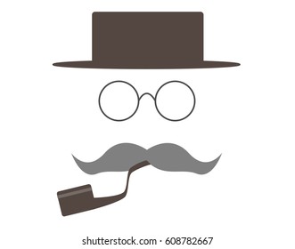 Set of smoking pipe, mustaches, glasses and a hat