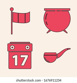 Set Smoking pipe, National Ireland flag, Witch cauldron and Saint Patrick's day with calendar icon. Vector