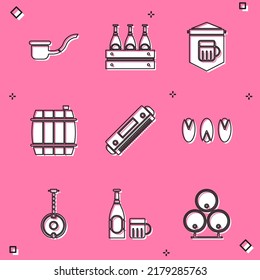 Set Smoking pipe, Pack of beer bottles, Signboard with glass, Wooden barrel, Harmonica, Pistachio nuts, Banjo and Beer and icon. Vector