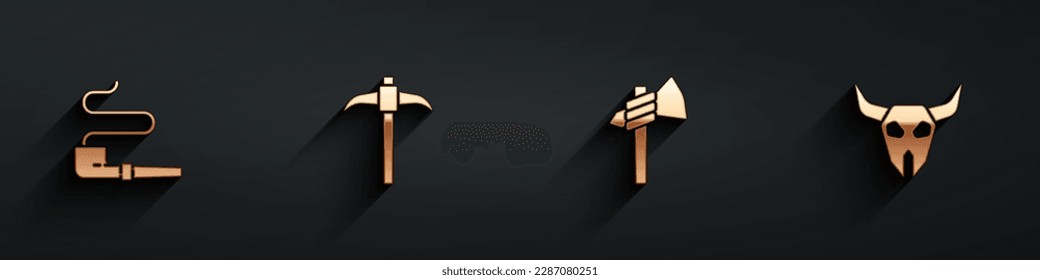 Set Smoking pipe, Pickaxe, Tomahawk and Buffalo skull icon with long shadow. Vector