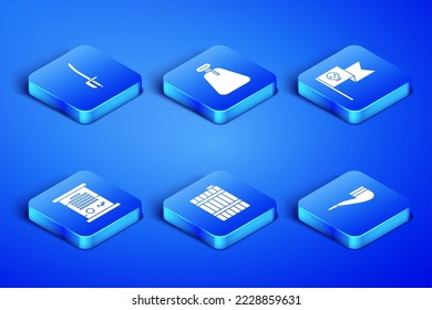 Set Smoking pipe, Pirate sword, Wooden barrel, Decree, parchment, scroll, sack and flag with skull icon. Vector