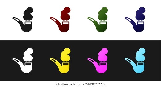 Set Smoking pipe with smoke icon isolated on black and white background. Tobacco pipe.  Vector