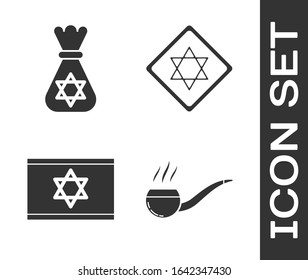 Set Smoking pipe with smoke, Jewish money bag with star of david, Flag of Israel and Star of David icon. Vector