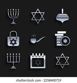 Set Smoking pipe with smoke, Jewish calendar star of david, Star David, coin, Hanukkah menorah, Shopping bag, dreidel and  icon. Vector