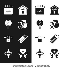 Set Smoking pipe with smoke, No smoking, days, at home, Lighter, Heart cross and Joint pain, knee pain icon. Vector