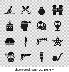 Set Smoking pipe, Starfish, Location pirate, Bomb ready to explode, Pirate captain, Alcohol drink Rum, Bottle with message water and  icon. Vector