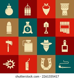 Set Smoking pipe, Tequila bottle, Pan flute, Cowboy bandana, Money bag, Bullet, Bomb ready to explode and Shovel icon. Vector